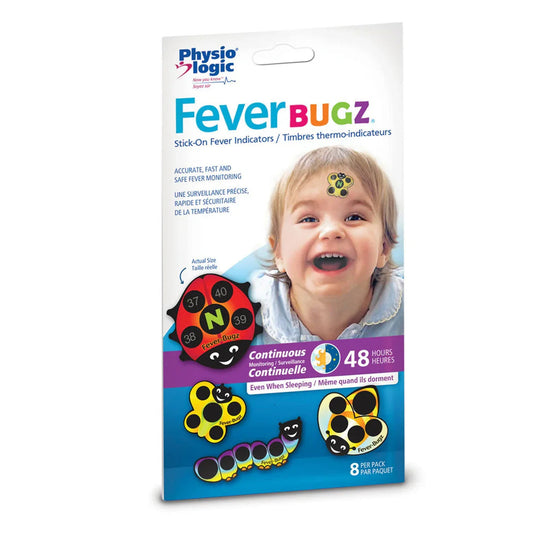 Fever Bugz stick-on fever indicators packaging with child wearing ladybug fever sticker on forehead