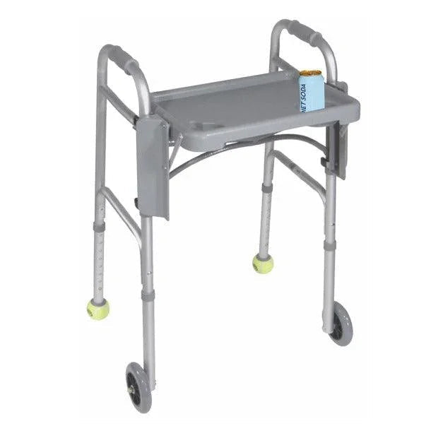 Folding aluminum walker with wheels, armrests, and a tray for home care mobility support