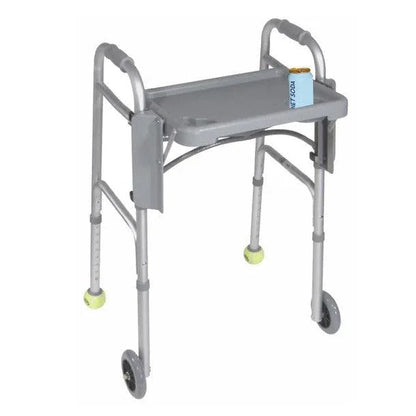Lightweight folding walker with adjustable legs, front wheels, and a removable tray for mobility aid