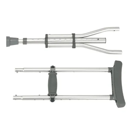 Adjustable aluminum crutch with padded handle and underarm support, shown collapsed