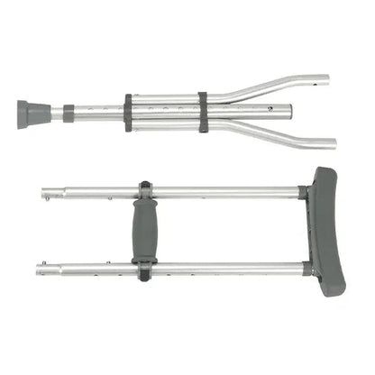 Adjustable aluminum crutch with padded handle and underarm support, shown collapsed