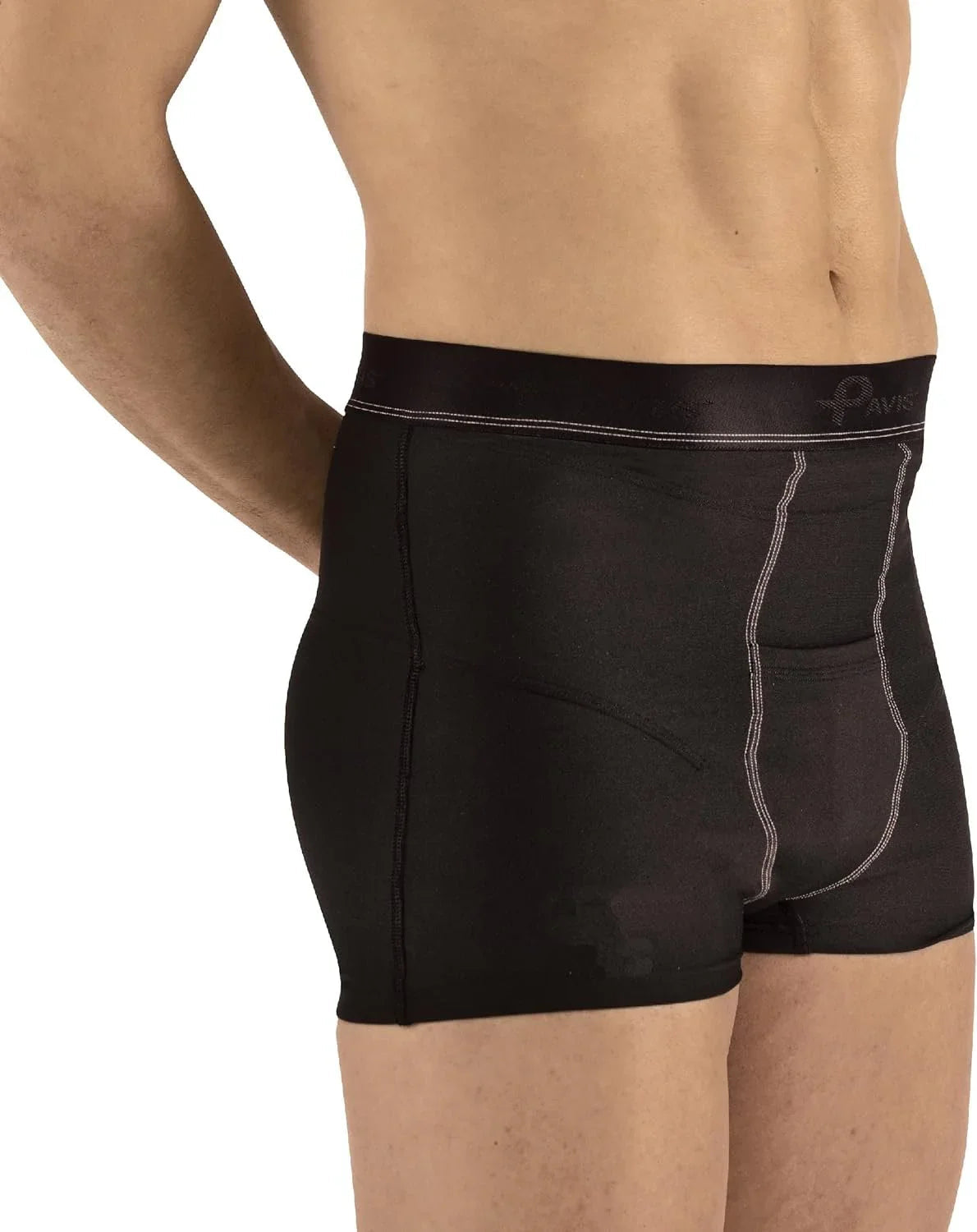 Male wearing black incontinence boxer briefs, featuring supportive fit and contrast stitching