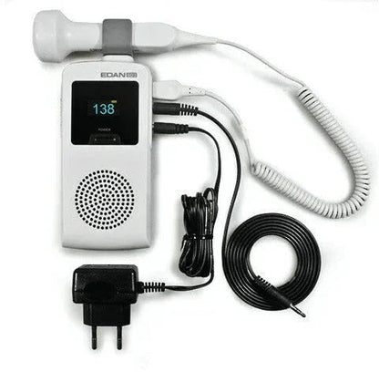 Handheld fetal doppler with digital display, probe, and coiled connecting cable