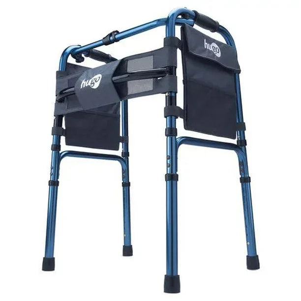 Lightweight folding walker with blue frame and black storage pouches for mobility support