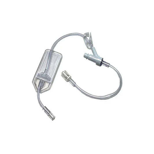 Clear IV extension set with tubing, filter chamber, and connectors on white background
