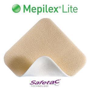 Mepilex Lite foam dressing with Safetac Technology for wound care, curved corner design.