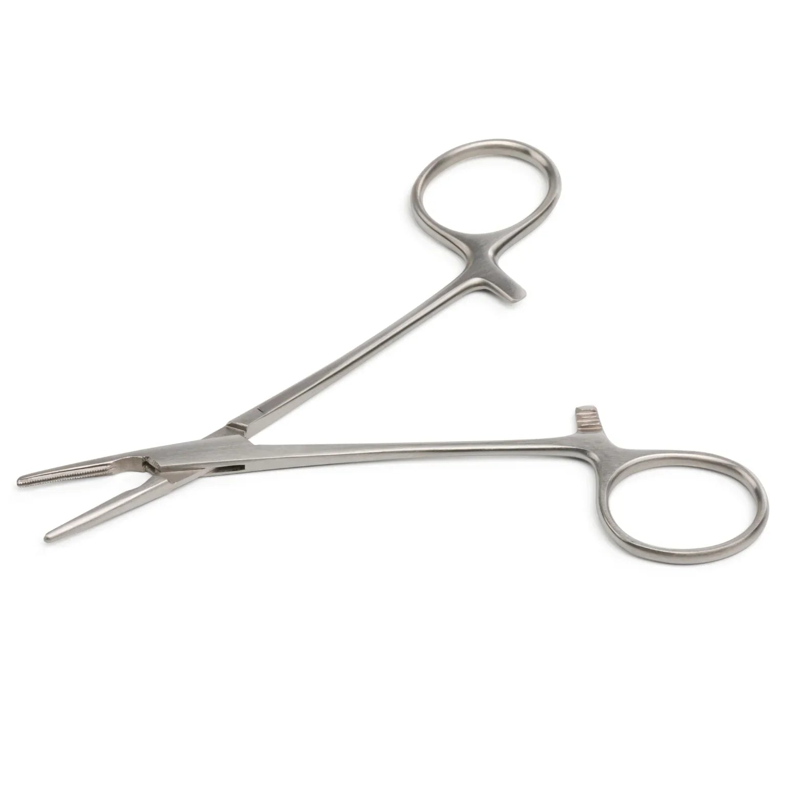 Stainless steel medical forceps with locking handle on white background