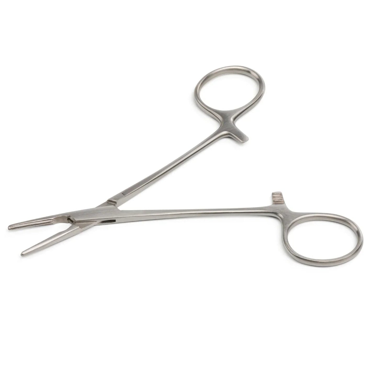 Stainless steel medical hemostat forceps with locking handle on white background