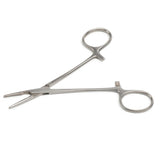 Stainless steel medical hemostat forceps with locking handle on white background