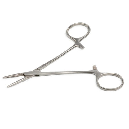 Stainless steel medical hemostat forceps with locking handle on white background