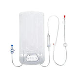 Clear medical IV fluid bag with attached tubing and connectors for infusion therapy