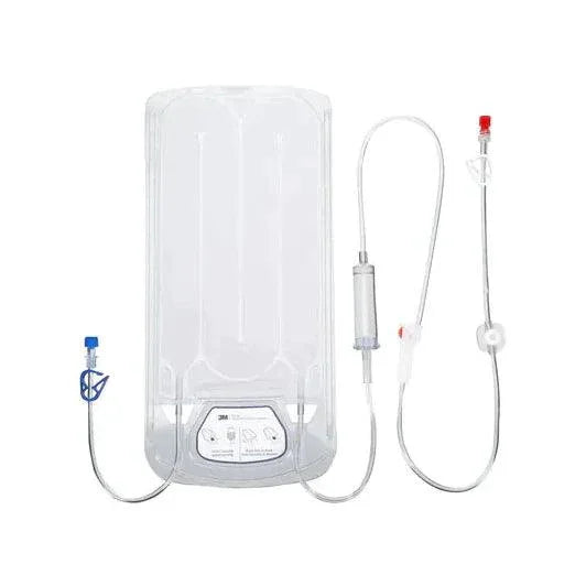 Clear medical IV fluid bag with attached tubing and connectors for infusion therapy
