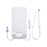Medical IV fluid bag with clear tubing and color-coded connectors for hospital patient care
