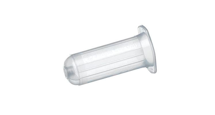 Transparent plastic medical specimen container with secure lid on white background