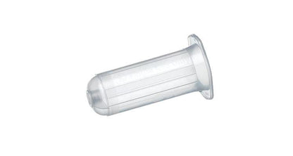 Disposable plastic medical specimen container with clear cap, isolated on white background.