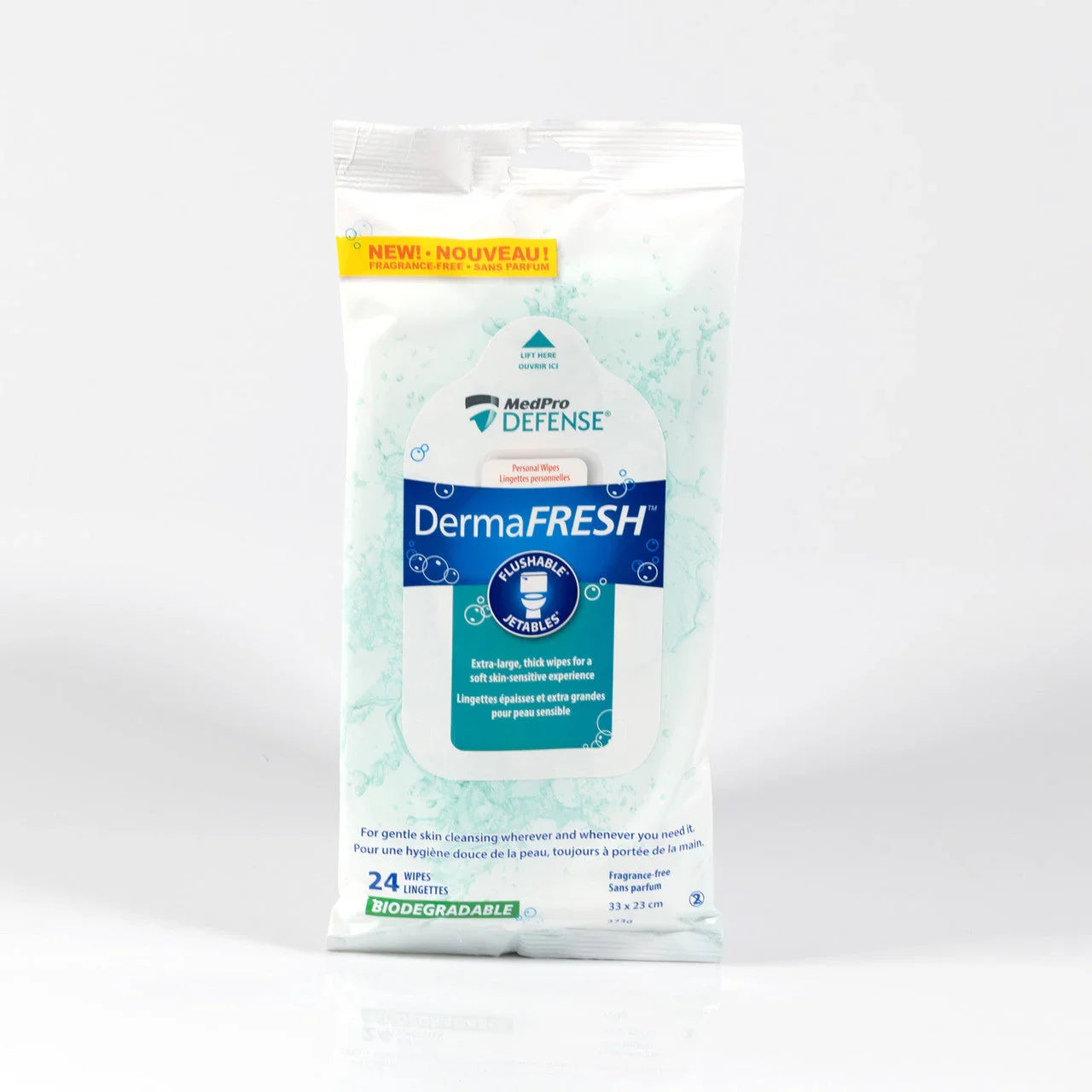 MedPro Defense DermaFRESH flushable personal wipes, fragrance-free, 24 biodegradable wipes
