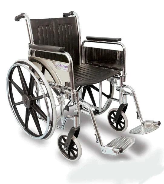 Lightweight manual wheelchair with black seat, armrests, and chrome frame for mobility assistance
