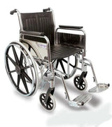 Lightweight manual wheelchair with black seat, chrome frame, and footrests for mobility aid