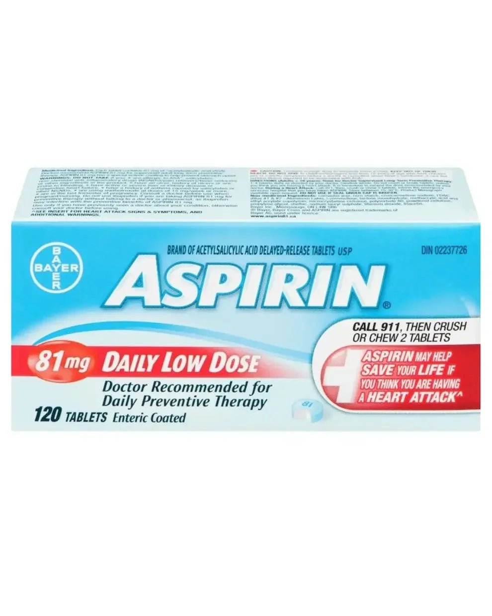 Aspirin 81mg daily low dose tablets box, 120 enteric coated tablets for preventive therapy