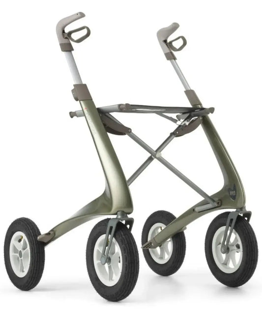 Modern lightweight medical rollator walker with four large wheels for mobility support