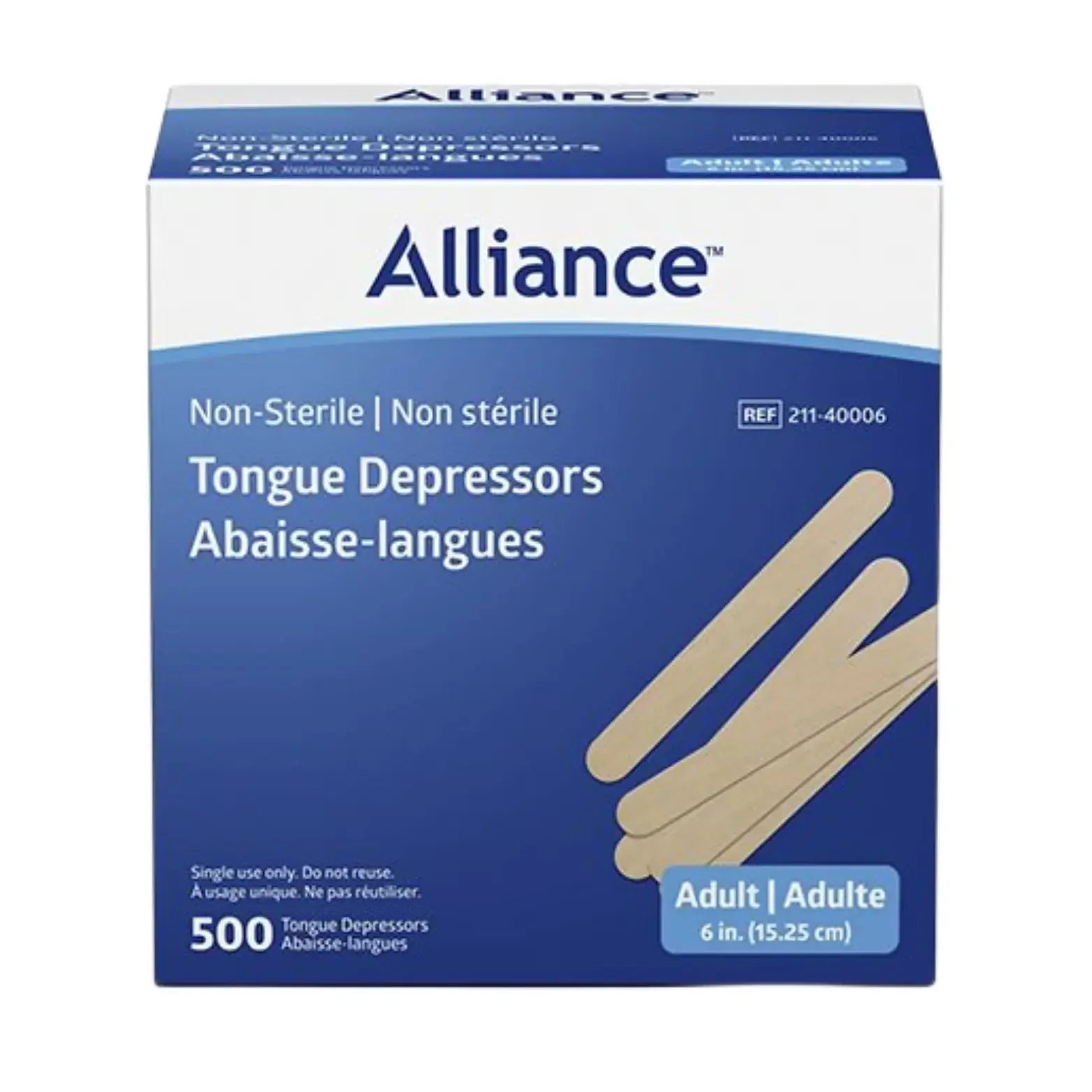 Box of Alliance adult non-sterile tongue depressors, 6 inch, 500 count, medical supply