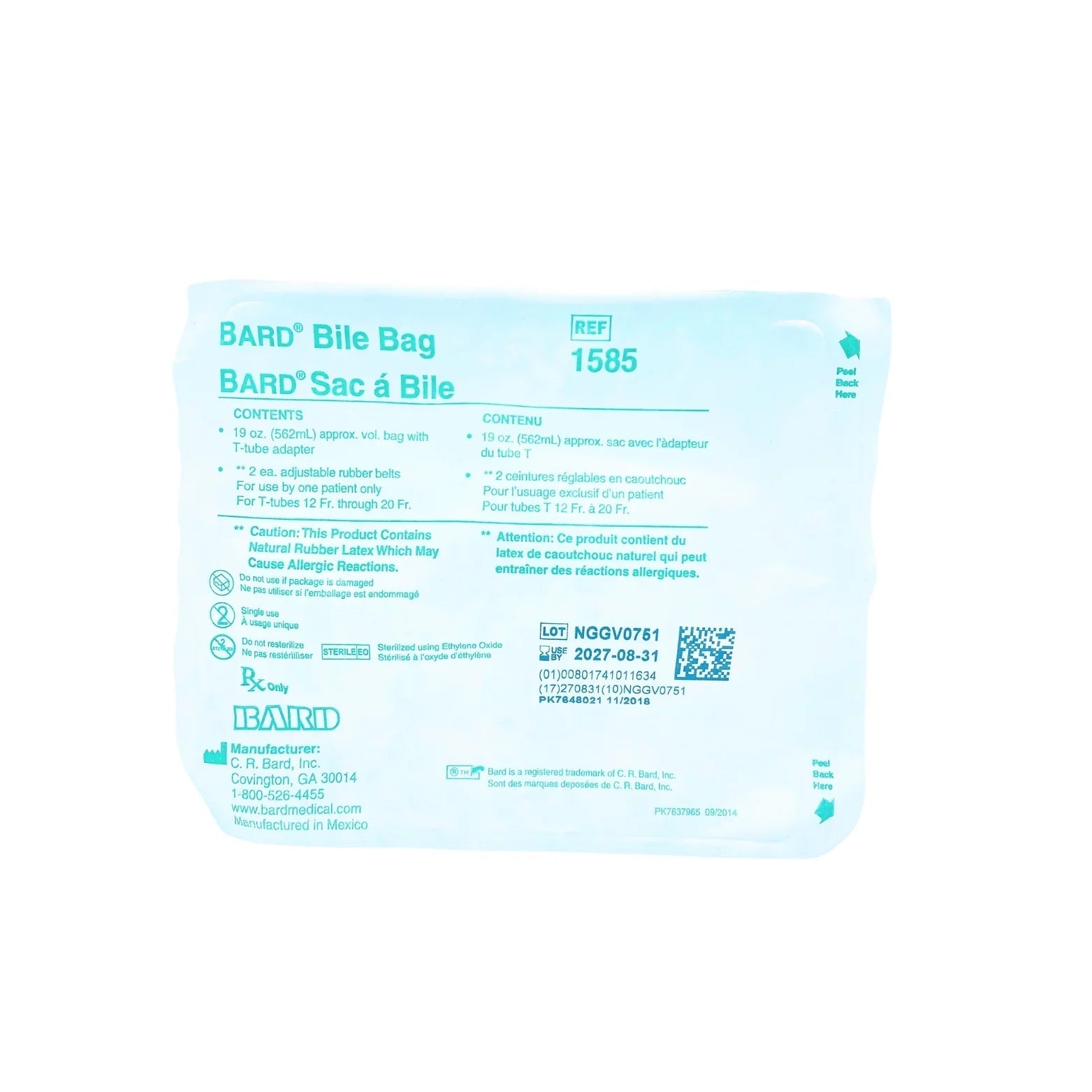 Sterile BARD bile bag medical supply packaging, latex caution, 562mL T-tube adapter, single use