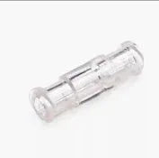 Clear plastic medical connector for IV or respiratory supplies on white background