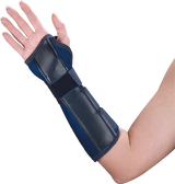 Adjustable wrist and forearm brace on arm, orthopedic medical support splint