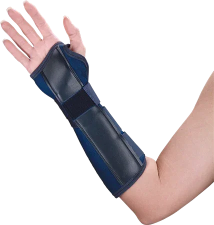 Adjustable wrist and forearm brace on arm, orthopedic medical support splint