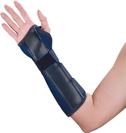 Adjustable wrist and forearm brace on arm, orthopedic medical support splint