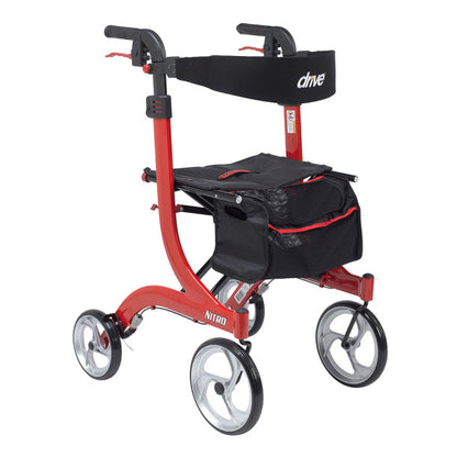 Red four-wheel rollator walker with seat, storage pouch, and ergonomic handles