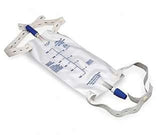 Leg urine drainage bag with measurement markings and adjustable white straps for medical care