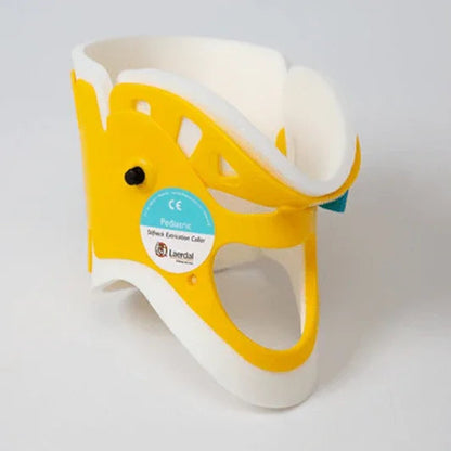 Pediatric yellow and white cervical neck collar for spine immobilization and emergency care