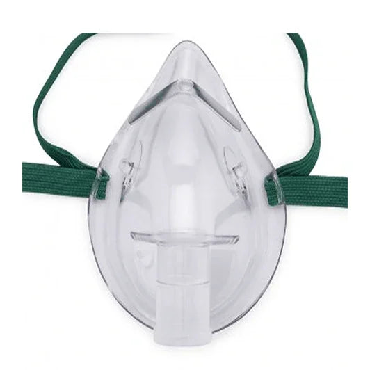 Clear oxygen mask with green elastic strap for respiratory therapy or home care use
