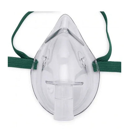 Clear oxygen mask with green elastic strap for respiratory therapy or home care use
