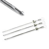 Three stainless steel ear curettes with oval tips for medical ear cleaning