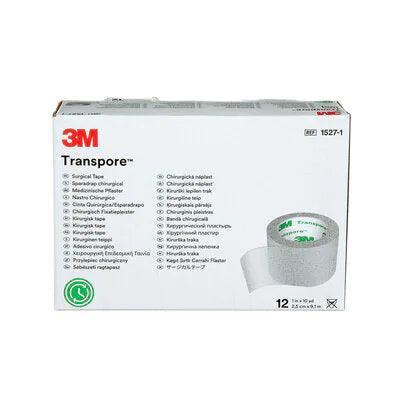 3M Transpore surgical tape box with medical adhesive clear tape roll visible on front.