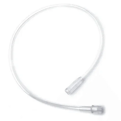 Clear medical IV extension tube with luer lock connectors on a white background