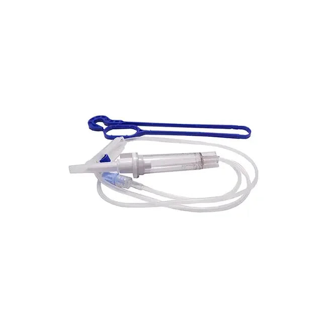 IV infusion set with clear tubing and blue clamp on white background, medical supply