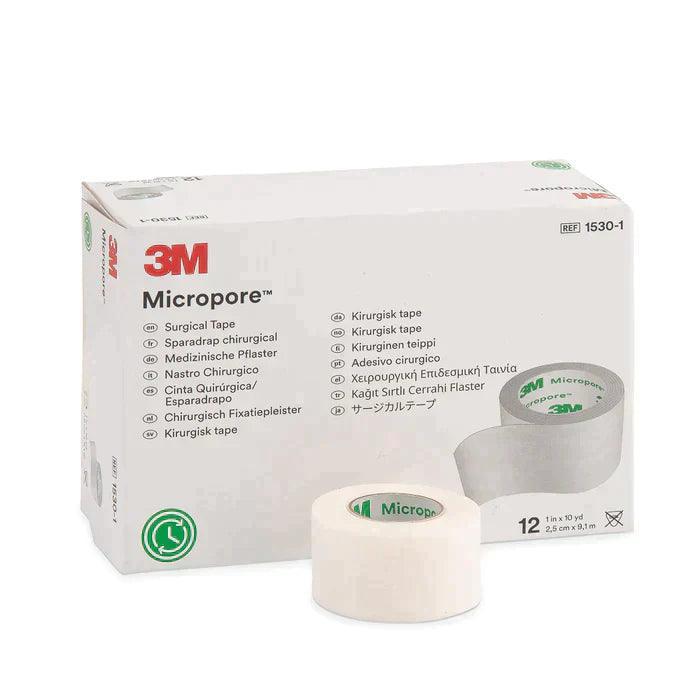 3M Micropore surgical tape box with a roll of medical adhesive tape in front
