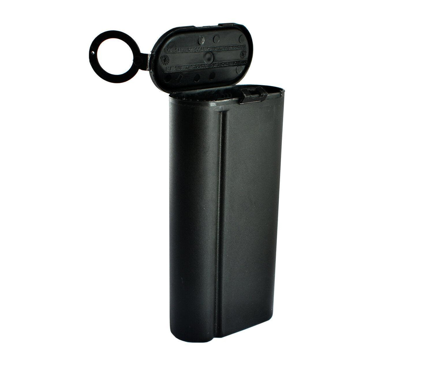 Black plastic sharps container with open flip-top lid for safe needle disposal