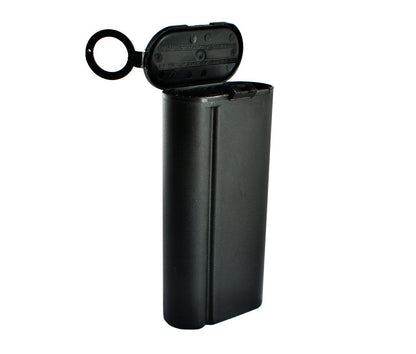 Black plastic sharps container with flip-top lid, used for safe needle disposal