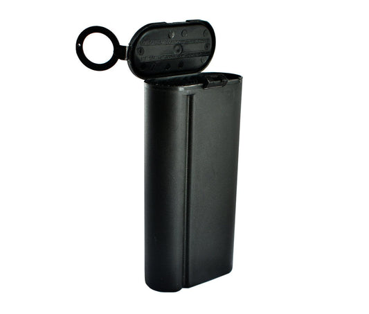 Black plastic sharps container with flip-top lid, used for safe needle disposal