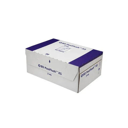 Box of BD PosiFlush XS 3 mL medical saline flush syringes on white background