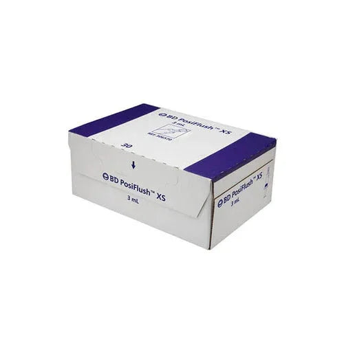 BD PosiFlush XS 3mL saline flush syringes box on white background, medical supply packaging