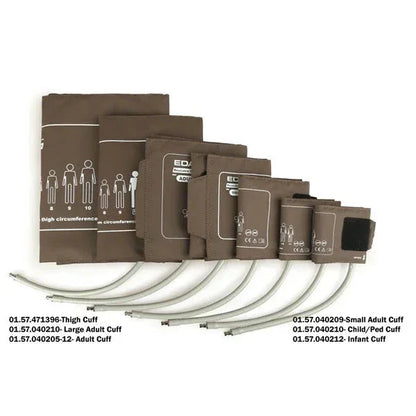 Blood pressure cuffs in various sizes for thigh, adult, child, and infant, arranged in a row.