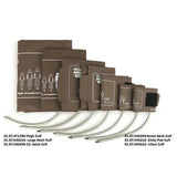 Assorted brown blood pressure cuffs in sizes for thigh, adult, child, and infant, with tubes.