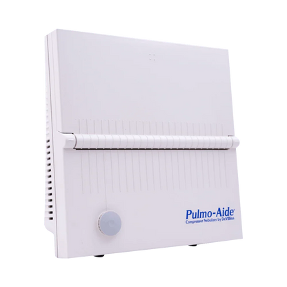 Pulmo-Aide compressor nebulizer for respiratory therapy, medical white device on blue background