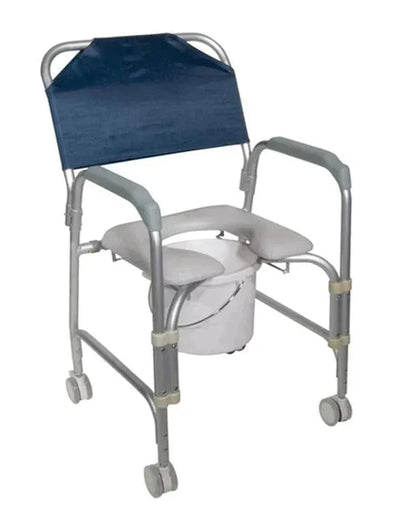 Adjustable rolling commode chair with padded seat, removable bucket, and armrests for home care