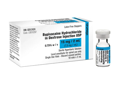 Bupivacaine Hydrochloride in Dextrose Injection USP 15mg/2mL box and vial, local anesthetic for medical use